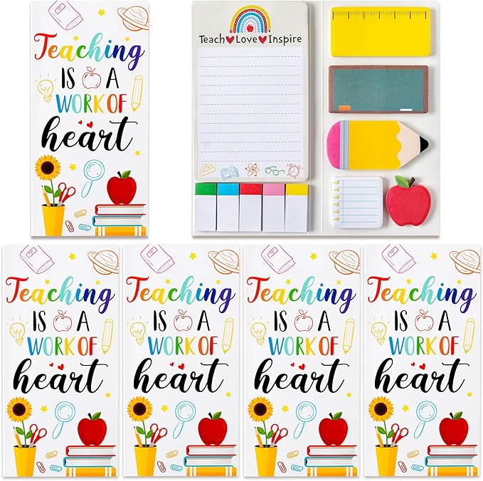 Xqumoi 4 Pack Teaching is A Work of Heart Sticky Notes Set - Ruler Blackboard Pencil Apple Shape Self-Stick Note Pads Teacher Appreciation Gift Writing Memo Pads Page Marker School Office Supplies