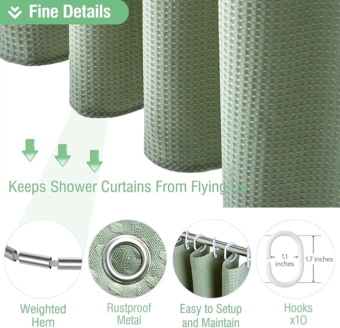 Dynamene 60 inch Stall Shower Curtain - Waffle Weave Heavy Duty Thick Fabric Shower Curtains for Bathroom,Weighted Hotel Spa Luxury Cloth Bath Curtain Set with 10 Plastic Hooks,60x72, Sage Green