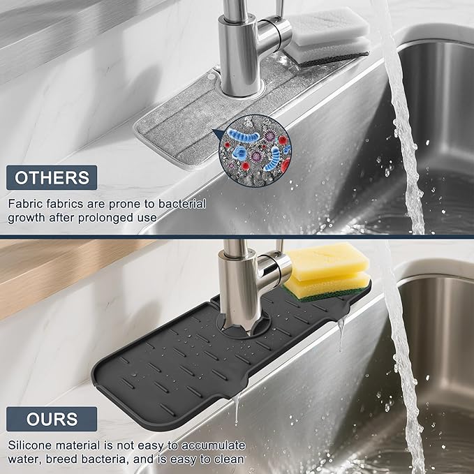 Kitchen Faucet Sink Splash Guard, Silicone Faucet Water Catcher Mat – Sink Draining Pad Behind Faucet, Grey Rubber Drying Mat for Kitchen & Bathroom Countertop Protect -Black