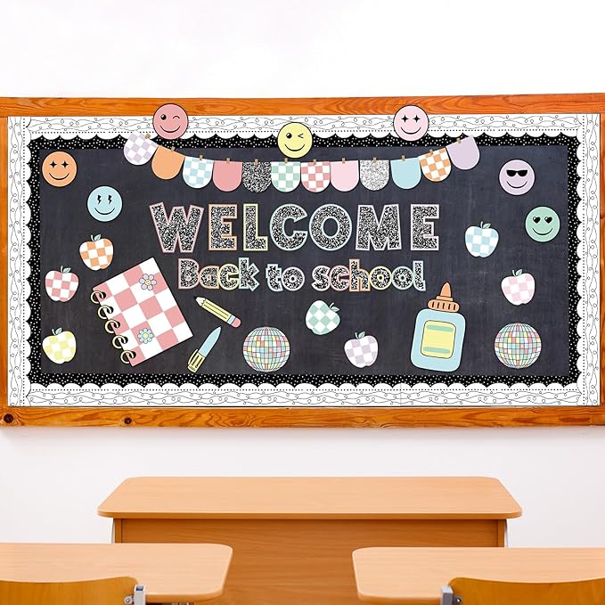 94 Pcs Composition Notebook Classroom Decor Welcome Back to School Bulletin Board Set Checkered Classroom Decor Pencil Apple Paper Cutouts for First Day of School Party Wall Door(Natural)