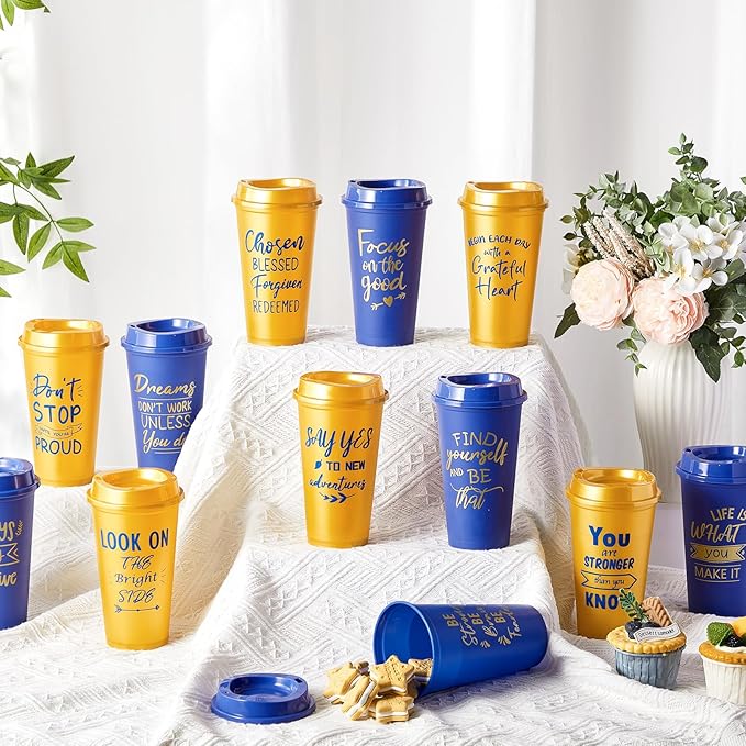 12 Pcs Inspirational Gifts for Employee Coworkers Staff Teammate, 16oz Reusable Plastic Coffee Cups with Positive Sayings, Bundle Gifts for Woman Man Coworker (Blue,Gold,Inspirational)