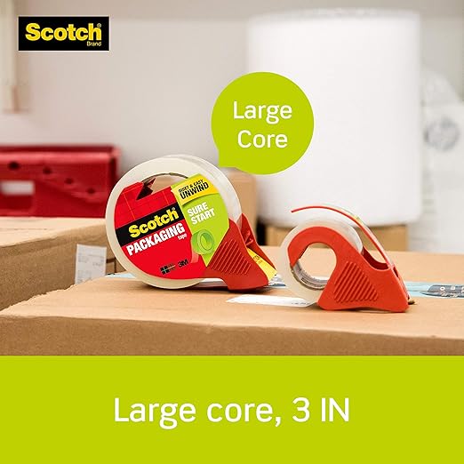 Scotch Sure Start Shipping Packaging Tape, 1.88"x 38.2 yd, Designed for Packing, Shipping and Mailing, Quiet Unwind, No Splitting or Tearing, 1.5" Core, Clear, 1 Dispensered Roll