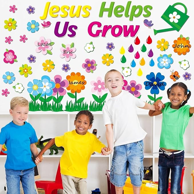 Spring Bulletin Board Decoration Set Jesus Borders Cutouts Religious Bulletin Board Sets for VBS 2025 Sunday School Bible Classroom Door Christian Welcome Craft Home Wall (Jesus Helps Us Grow)