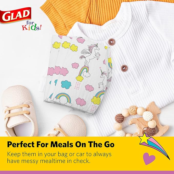 Glad for Kids Unicorn Disposable Paper Bibs with Crumb Catcher, Absorbent Leakproof Bibs for Toddlers and Babies, Mess Free Feeding, Crafts, Parties, and Travel Use, 30 Count