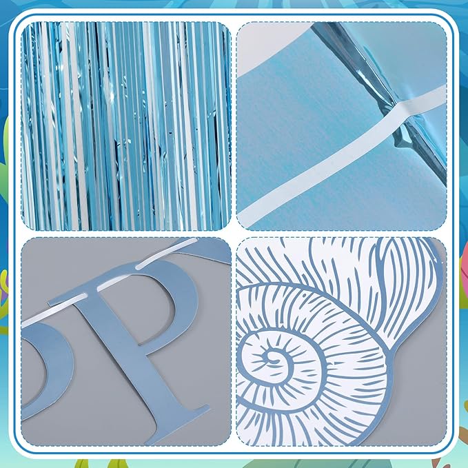 Epakh 39 Pcs Coastal Blue Bow Starfish Seashell Party Decorations Includes 24 Pcs Paper Cards Decor 13 Happy Birthday Banner 2 Foil Fringe Curtain Backdrop for Ocean Photo Prop Party Supplies