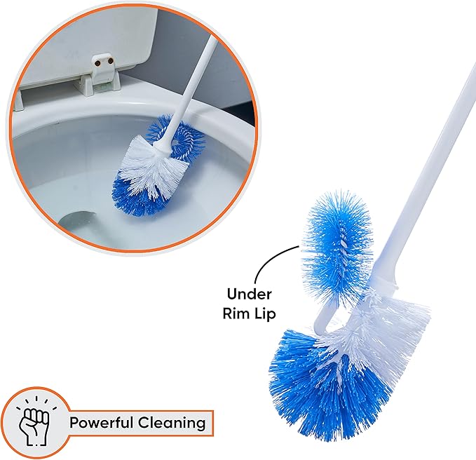 Superio Toilet Brush and Holder,Toilet Bowl Cleaning System with Scrubbing Wand, Under Rim Lip Brush and Storage Caddy for Bathroom, White and Blue