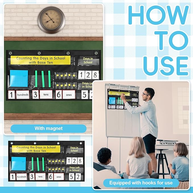 Back to School Counting The Days with Base Ten Pocket Chart Place Value, Counting Caddie Pocket Chart for Classroom Bulletin Board School or Home Decor, 4 Hooks(Black,Classic Style)