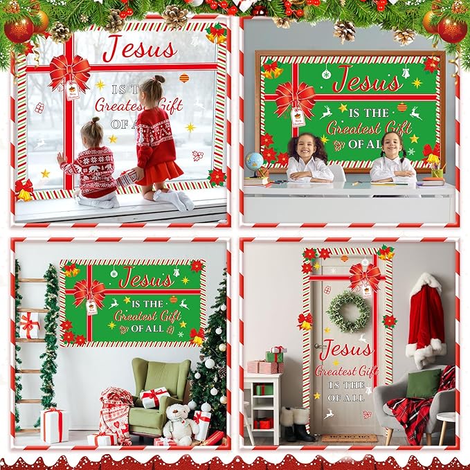 Christmas Religious Bulletin Board Set Jesus is The Greatest Gift of All Classroom Decoration Christian Faith Xmas Gift Box Bows Cutouts for Sunday School Chalkboard Wall Church Xmas Winter Decor