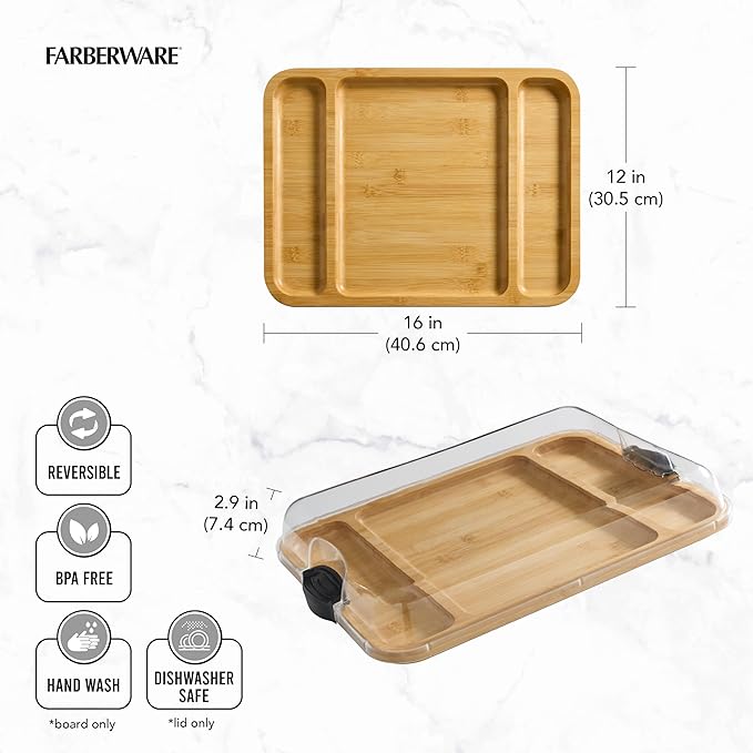 FARBERWARE Build-a-Board Cutting Board with Three Compartments and Clear Locking Lid for Charcuterie, Snacks, and More, Acacia