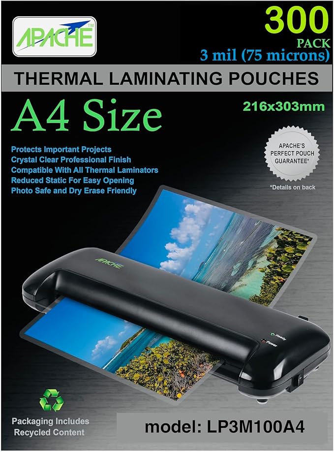 Apache 300 Pack Laminating Pouches 3 mil, Holds 210 x 297 mm A4 Size (216 x 303 mm Sheets), Office and School Supplies, Thermal Laminating Sheets, Super Clear, Round Corner