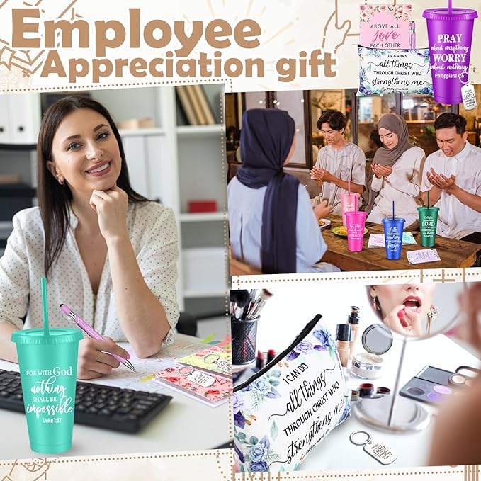 50 Pcs Christian Gifts for Women Inspirational Religious Plastic Tumbler Bible Verse Makeup Bag Ballpoint Pens Keychains Church Spiritual Gifts for Faith Pastor's Wife Birthday