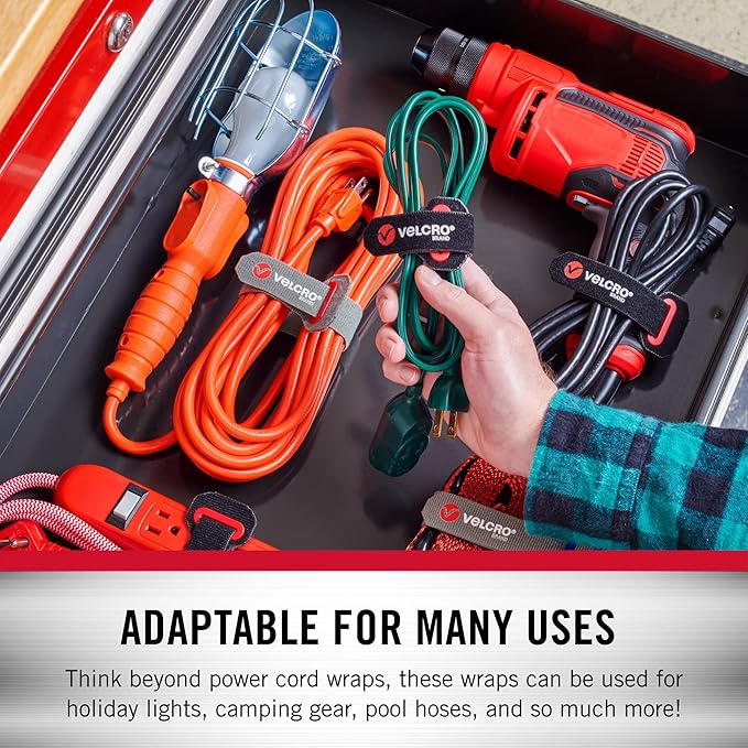 VELCRO Brand Power Cord Wraps | Heavy Duty Straps for Extension Cords, Garage or RV Organization | Slotted Grommet for Strong Snag Free Cinching | 16 Inch, 2Pk, Black and Gray