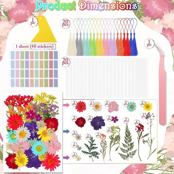 DIY Bookmark Making Kit - No Laminator Needed – 83 PCS Self-Adhesive Clear PVC Bookmarks with Dried Flowers & Tassels, Peel & Stick Bookmarks for Book Lovers & Back to School Gifts Bulk