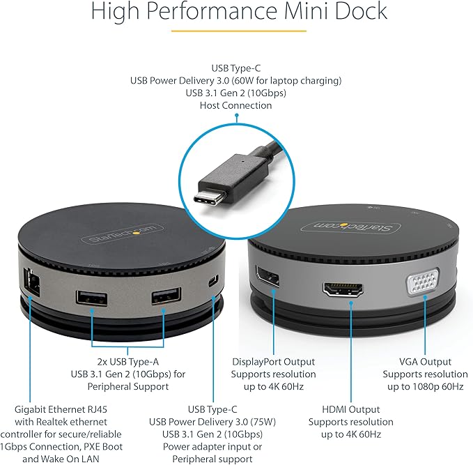 StarTech.com USB C Multiport Adapter - USB 3.1 Gen 2 10Gbps Type-C Mini Dock with 4K 60Hz HDMI/DisplayPort or 1080p VGA - 75W PD Passthrough, 3-Port USB Hub, GbE - Mobile Docking Station (DKT31CHDVCM)