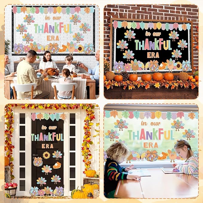 Fall Thanksgiving Turkey Bulletin Board for Classroom Decoration in Our Thankful Era Theme Bulletin Board Set Autumn Turkey Pumpkin Leaves Cutouts Fall Thanksgiving DIY Photo for Chalkboard Wall Decor