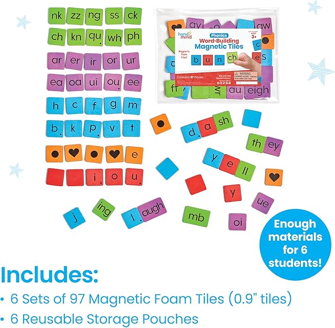 hand2mind Phonics Word-Building Magnetic Tiles, Recognition and Sound Learning for Kindergarten, Phonemic Awareness Manipulatives, Science of Reading Classroom Foam Materials, Set of 6