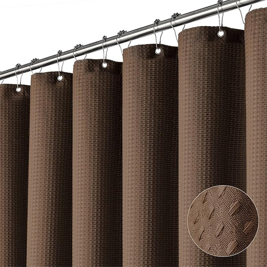 Dynamene Extra Wide Shower Curtain - 180 Inch Wide Waffle Weave Weighted Thick Cloth Bathroom Shower Curtain, Neutral Heavy Duty Hotel Bath Curtain Set with 32 Plastic Hooks, 180x72, Brown
