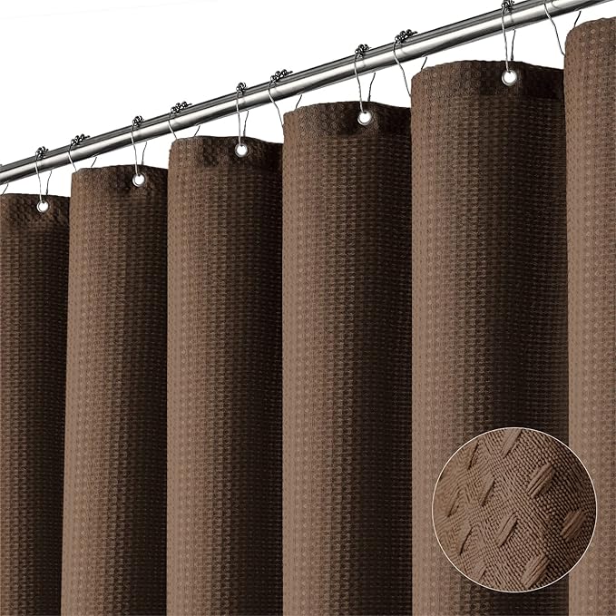 Dynamene Extra Wide Shower Curtain - 84 Inch Wide Waffle Weave Weighted Thick Cloth Bathroom Shower Curtain, Neutral Heavy Duty Hotel Bath Curtain Set with 14 Plastic Hooks, 84x72, Brown