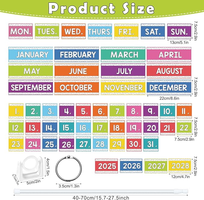Rainbow Flip Calendar Board Set with Holder, Colorful Classroom Calendar Bulletin Board with Adjustable Rob Rainbow Date Cards for School Classroom Home Decoration Supplies
