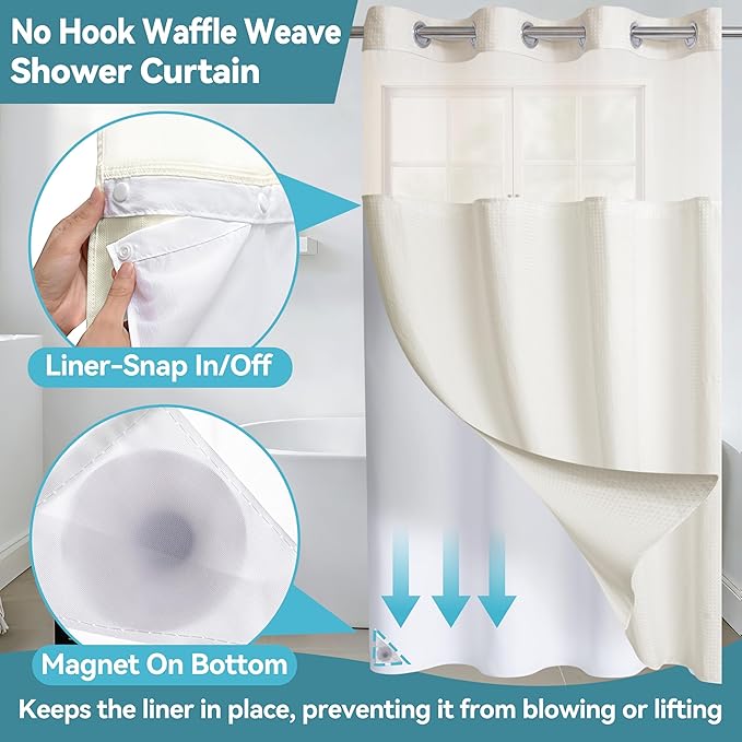 Conbo Mio Stall No Hook Waffle Weave Shower Curtain with Snap in Liner Set, Hotel Luxury Beige Shower Curtains for Bathroom with See Through Top Window, Waterproof, Washable 36W x 74H