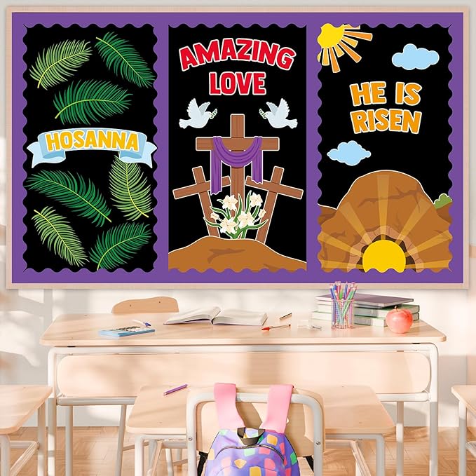 Easter Christian Bulletin Board Set He is Risen Religious Classroom Decoration Jesus Resurrection Cross Lily Hosanna Cutouts for Spring Church Sunday School Classroom Home Chalkboard Wall Decor