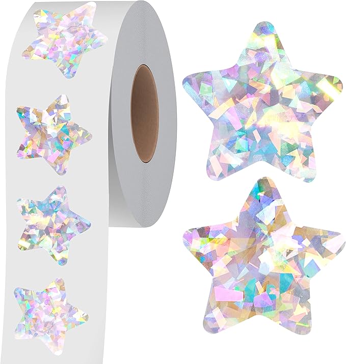 500 PCS Holographic Silvery Star Stickers, Self Adhesive Metallic Glitter Foil Stickers Reflective Star Stickers Reward Behavior Chart Labels for Kids Students Teachers Supplies