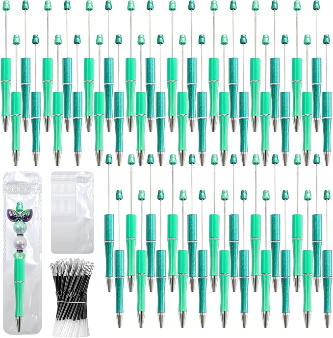 150 Pieces DIY Beadable Pen Kit – 50 Plastic Ballpoint Pens with Refills & Bags – School Supplies, Office Accessories & Decorative Items for Students & Teachers (Cyan)