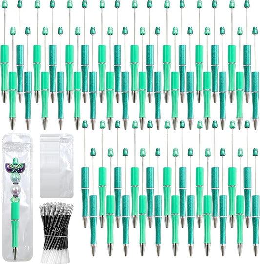 150 Pieces DIY Beadable Pen Kit – 50 Plastic Ballpoint Pens with Refills & Bags – School Supplies, Office Accessories & Decorative Items for Students & Teachers (Cyan)