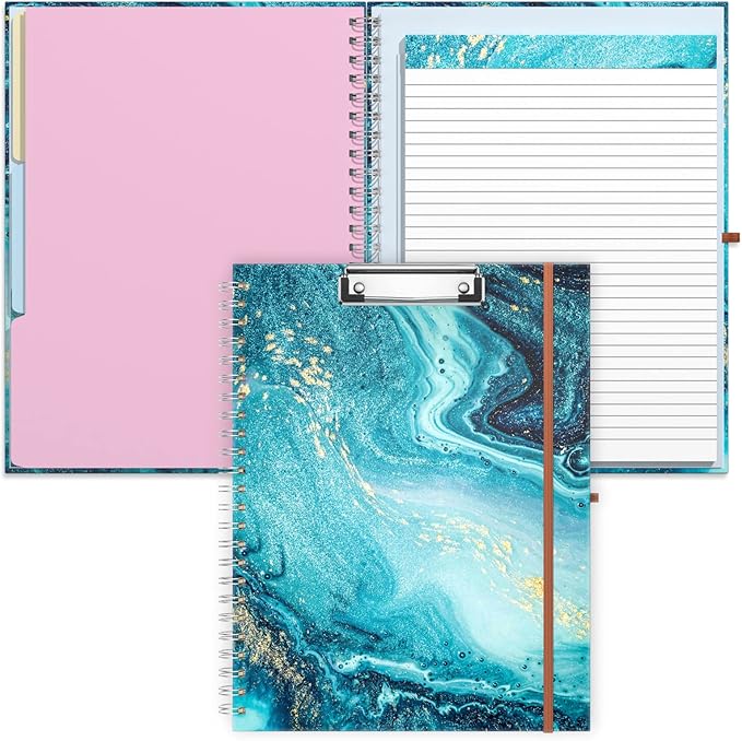 Rimilak Spiral Clipboard Folio with Refillable Lined Notepad, 14.5 x 9.8 In, Hardcover Cover with 5 Interior Pockets, Elastic Band and Pen Loop Series. Cute Stylish Clipfolio, Teal Marble