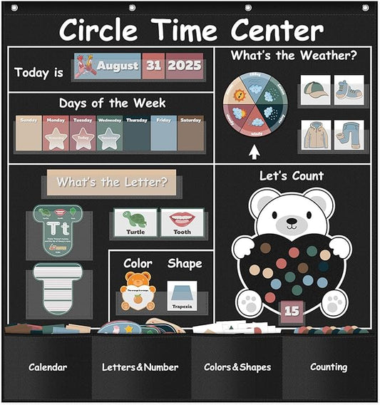 Circle Time Learning Center Pocket Chart for Classroom, Dry Erase Alphabet & Number Flash Cards, Write ABC Letter Tracing Writing Practice Games for Kids, Learning Weather Counting Color Shape