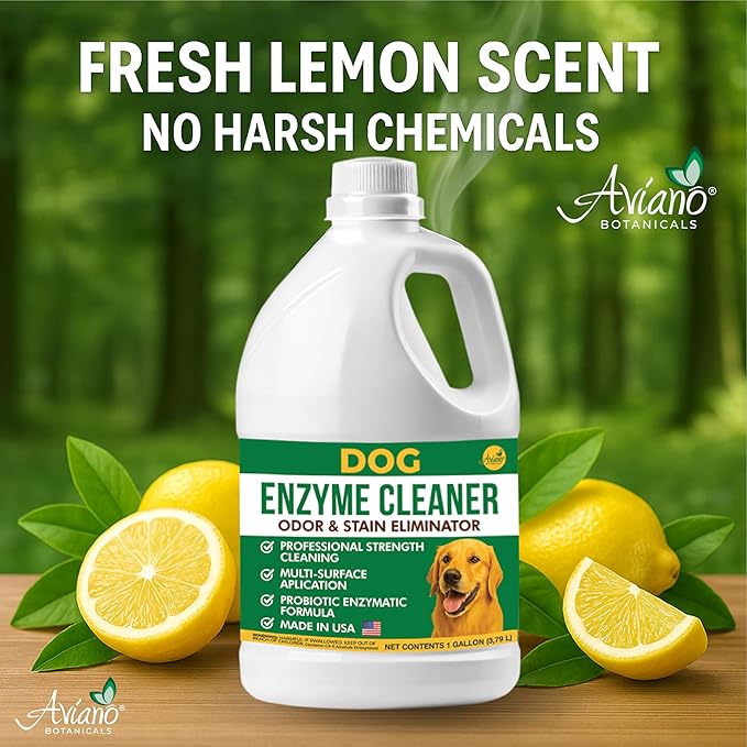 Aviano Enzyme Cleaner for Dog – 1 Gallon – Made in USA – Pet Urine Enzyme Cleaner for Tile, Hardwood, Furniture, Bedding, and Drains – Eliminates Odors with Fresh Lemon Scent