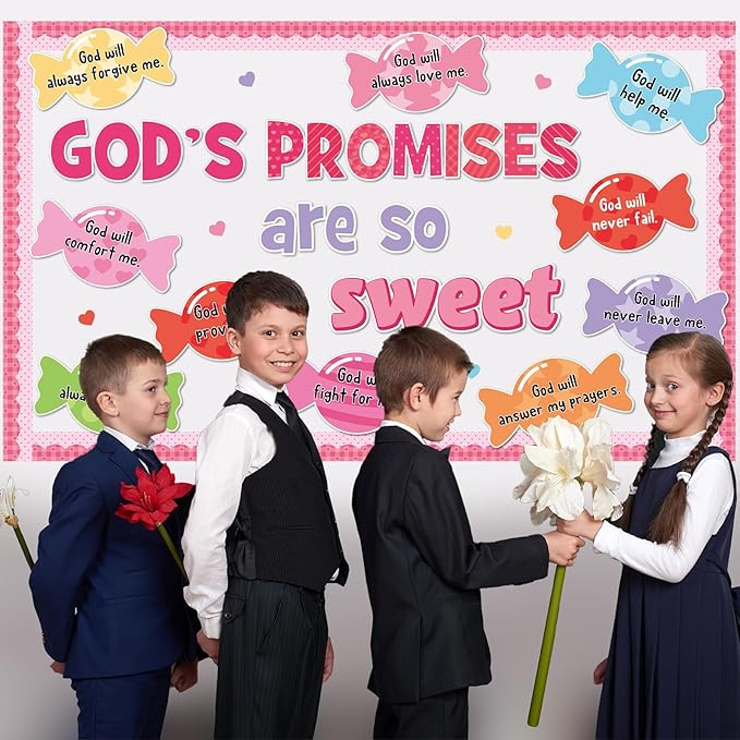Valentine's Day Sweet Candy Bulletin Board Set Christian Classroom Decorations Valentines Religious God’s Promises Candy Paper Cutouts for Sunday School Church Office Home Chalkboard Wall Door Decor