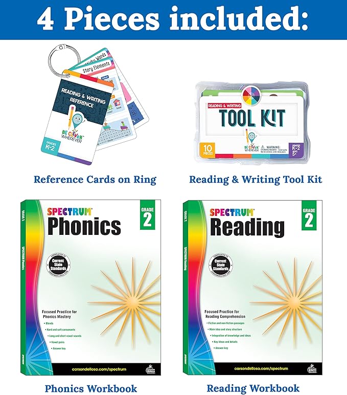 Carson Dellosa 29-Piece Reading Comprehension 2nd Grade Teaching Supplies, Spectrum Phonics and Reading 2nd Grade Workbooks, Writing Tool Kit, and Reference Flash Cards