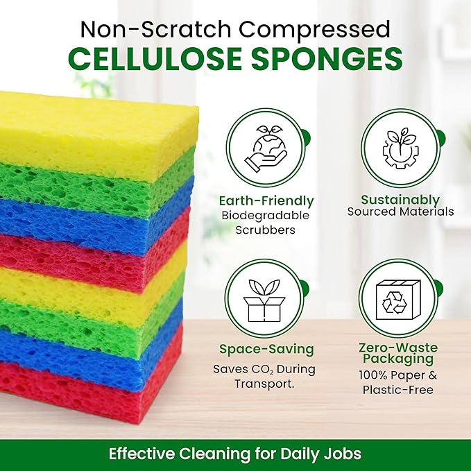 Cellulose Sponges – 24-Pack Multicolored Compressed Natural for Kitchen – Plant-Based, Biodegradable, Non-Scratch, Quick-Dry, Super-Absorbent for Dishes & Surfaces