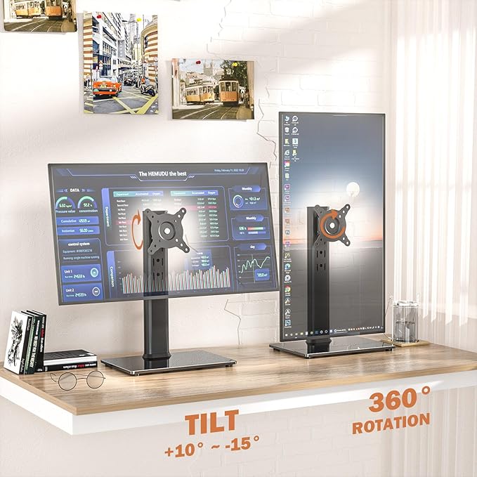Hemudu 2 Pack Single LCD Computer Monitor Free-Standing Desk Stand Riser for 13 inch to 32 inch Screen with Swivel, Height Adjustable, Rotation, Holds One (1) Screen up to 77Lbs(HT05B-201)
