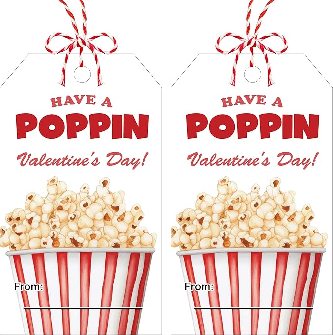 50 Pcs Have A Poppin Valentines Day Sticker Label, Valentine Gift Tags with String, Gift Tag Paper Tags Labels Idea Valentines Activity School Classroom Party Favors