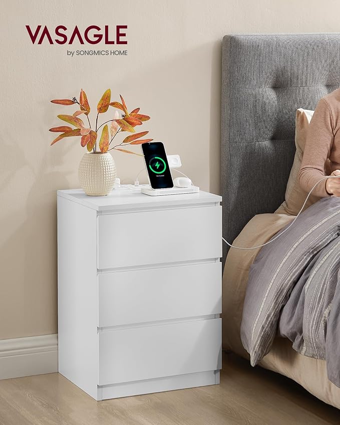 VASAGLE Nightstands with Charging Station, Set of 2, AC Outlets and USB Ports, Bedside Tables, Side Tables with 3 Drawers, Modern Style, 13.8 x 15.7 x 23.2 Inches, Cloud White ULET731W16