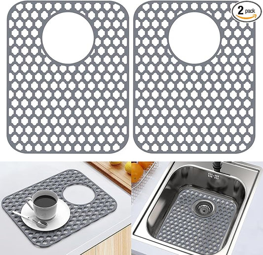 2 Pack Silicone Sink Protector for Kitchen Sink Bathroom, 13.58" x 11.6" Heat-resistant Sink Mat Non-Slip and Durable Silicone Protectors, Rear Drain, Gray