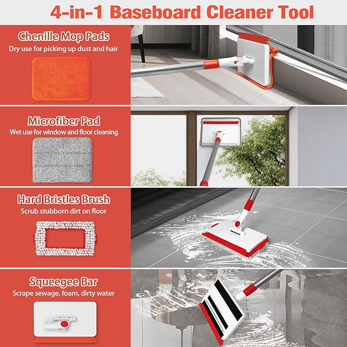 JEHONN Baseboard Cleaner Tool with Handle, 56 inches Base Boards Cleaning Mop Scrubber, 1 Stiff Bristles Brush, 2 Chenille and 2 Microfiber Pads, Wall Duster for Floorboard Ceiling Window Tile