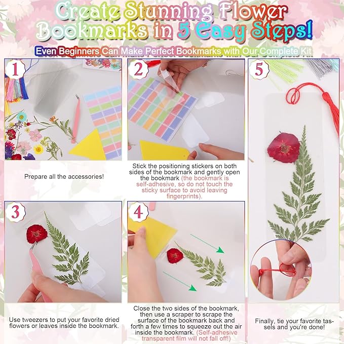 DIY Bookmark Making Kit - No Laminator Needed – 83 PCS Self-Adhesive Clear PVC Bookmarks with Dried Flowers & Tassels, Peel & Stick Bookmarks for Book Lovers & Back to School Gifts Bulk