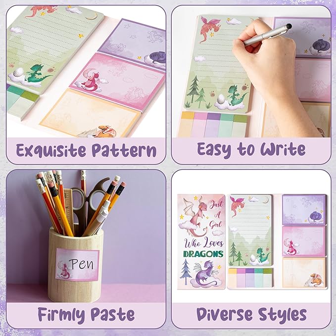 B1ykin Cute Sticky Notes Set - Just A Gift Who Loves Dragons Self-Stick Notes Pad, 550 Sheets Writing Memo Pages Sticky Notepad for Teacher Appreciation Gift, School Office (Watercolor Dragon)