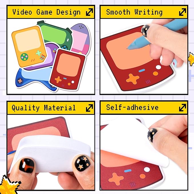 Bright Color Sticky Note - 72Pcs Video Game Super Sticky Note Pads Pen Ribbon Set Sticking Power Memo Pads School Supplies Office Products Page Markers Clean Removal Strong Adhesive Index Tab