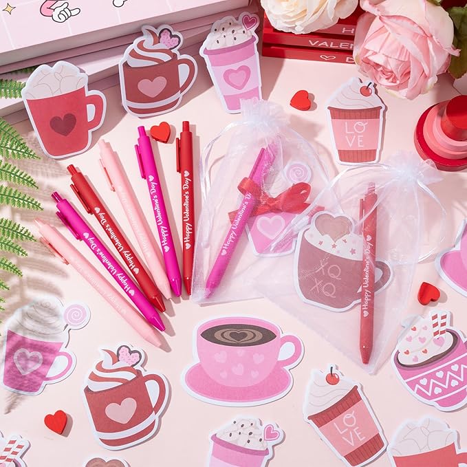 Xqumoi Valentine’s Day Coffee Cup Sticky Notes with Pen Gift Set - 24 Set Heart Self Sticky Writing Memo Pads Ballpoint Pens with Mesh Bag Party Favors Wedding School Classroom Rewards Office Supplies