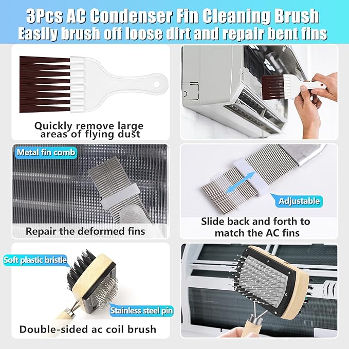 3 Pcs HVAC Coil Cleaning Brush & Fin Straightener Kit, Metal AC Fin Comb,Double-Sided Coil Brush,Coil Cleaning Tool - for MIni Splits,Refrigerator Coils,Condenser, Evaporator Coil Cleaning