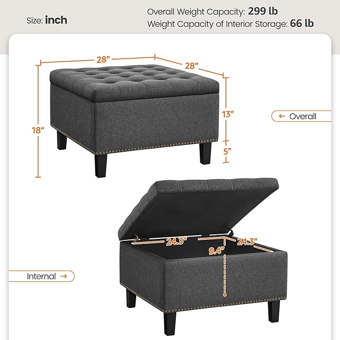 Yaheetech 28-inch Entryway Ottoman Bench with Storage, Multipurpose Foot Rest Sofa Stool in Dark Grey