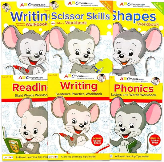 Bulk ABC Mouse Workbook Set - 6 Activity Book Bundle Letters Phonics, Sight Words, Scissor Skills, Shapes, Ages 3 4 5 6 Pre-K Kindergarten Educational Learning