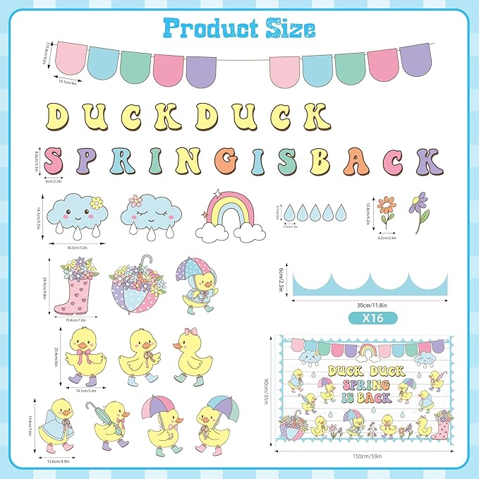 Spring Bulletin Board Set Duck Duck Spring is Back Classroom Decoration Spring Cutouts for School Office Classroom Chalkboard Whiteboard Wall Window Door Decor Supplies