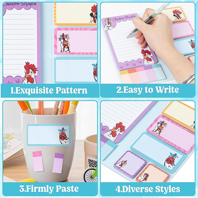 B1ykin Cute Sticky Notes Set - Just Chicken It On You Self-Stick Notes Pad, 550 Sheets Writing Memo Pages Sticky Notepad for Teacher Appreciation Gifts, School Office Supplies (New Funny Chickens)