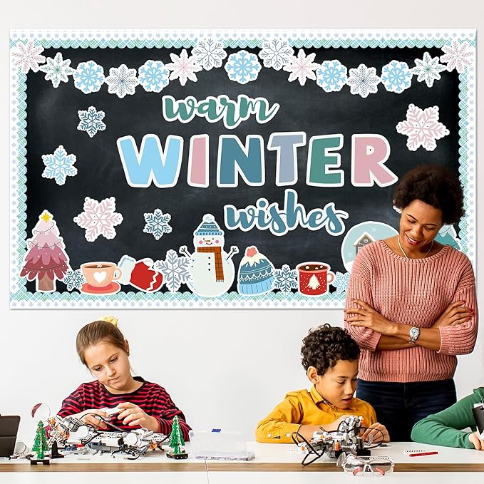 Winter Bulletin Board Decoration Warm Winter Wish Bulletin Board Set Snowflakes Snowman Cutouts Classroom Decoration for School Chalkboard Wall Door Holiday Christmas Xmas Supplies