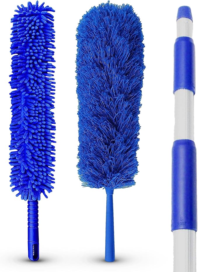 Blue Extension Rod Ceiling Duster with 18-20 feet Reach 3-Stage Aluminum Telescoping Pole - Cathedral, Cobweb, Microfiber, Ceilings Fan Duster Includes 2 Hand Dusting Kit